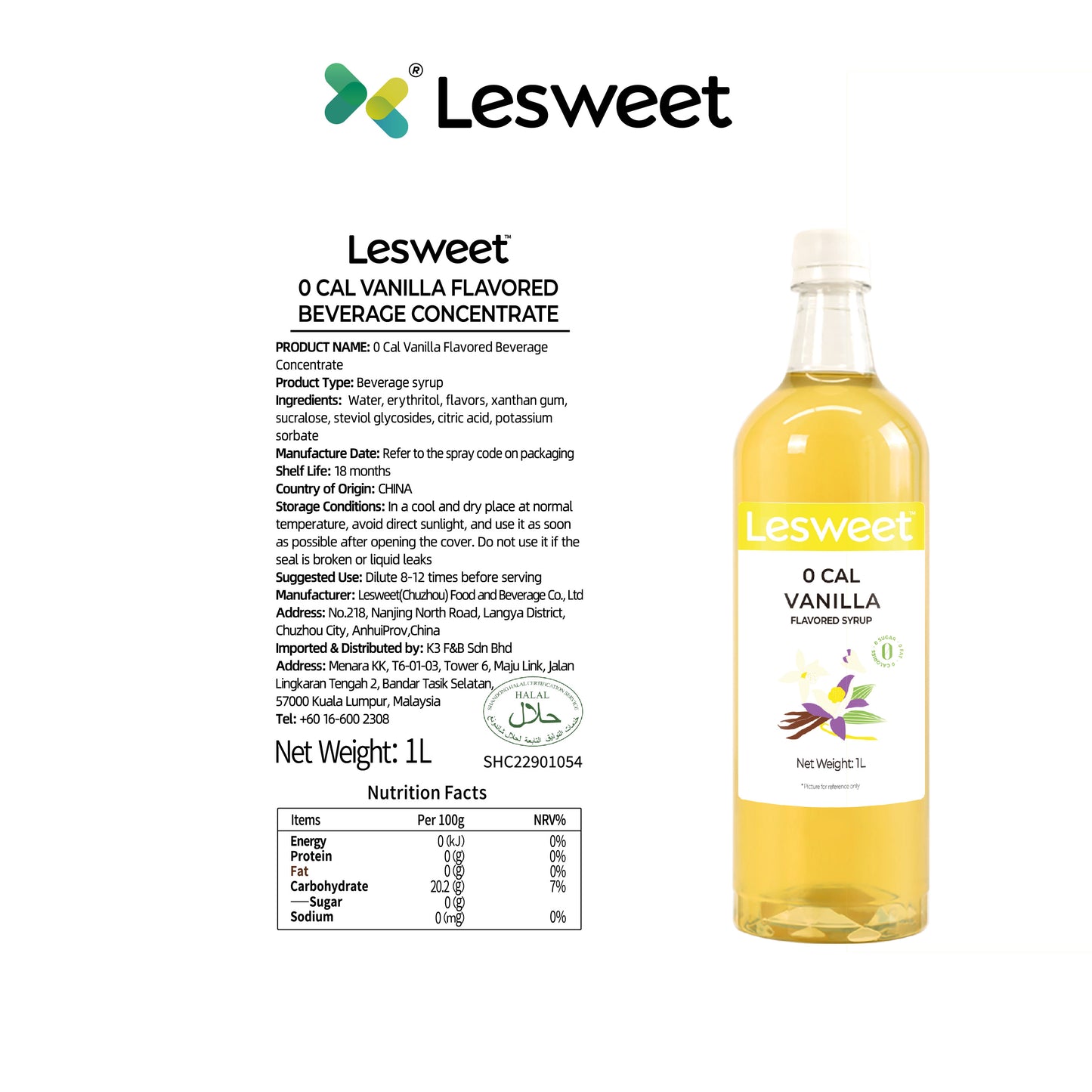 Lesweet 0 Cal Original Vanilla Syrup